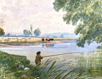 Fine C19th Victorian Watercolour - Boy Fishing in a Rural Landscape - William Wilde (1826-1901)