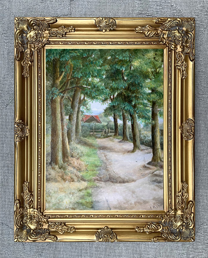 Fine C19th Victorian Oil on Canvas - Rural Woodland Path & Cottage - A Shiers SOLD