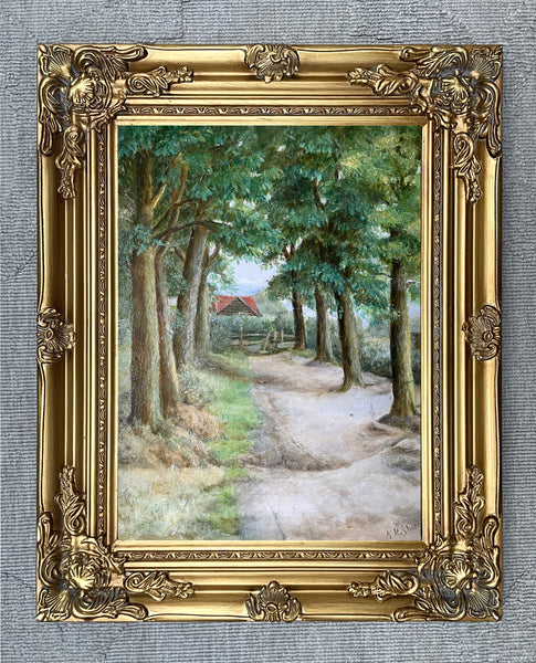 Fine C19th Victorian Oil on Canvas - Rural Woodland Path & Cottage - A Shiers