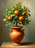 Exquisite Oleograph on Canvas Still Life of an Orange Tree in a Roman Urn