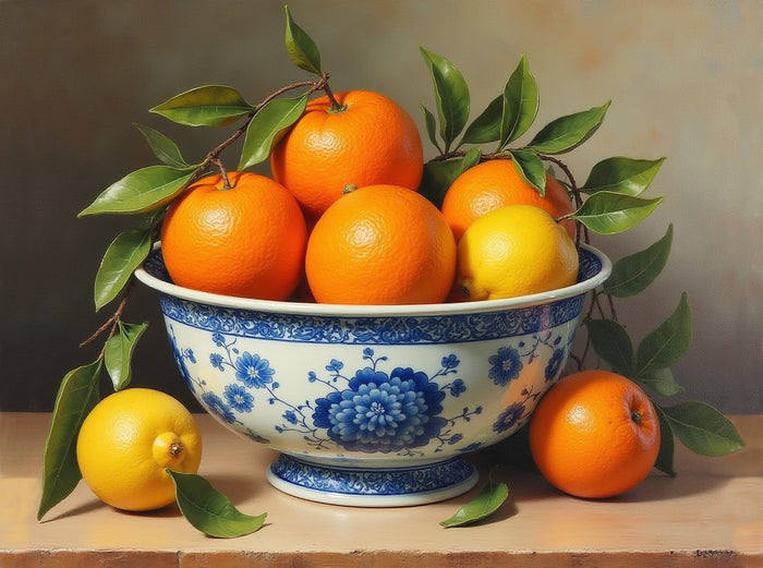 Stunning Still Life Oleograph on Canvas  of Oranges & Lemons in a Chinese Bowl