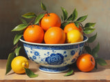Stunning Still Life Oleograph on Canvas  of Oranges & Lemons in a Chinese Bowl