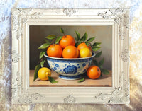 Stunning Still Life Oleograph on Canvas  of Oranges & Lemons in a Chinese Bowl
