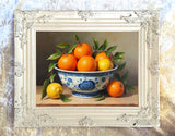 Stunning Still Life Oleograph on Canvas  of Oranges & Lemons in a Chinese Bowl