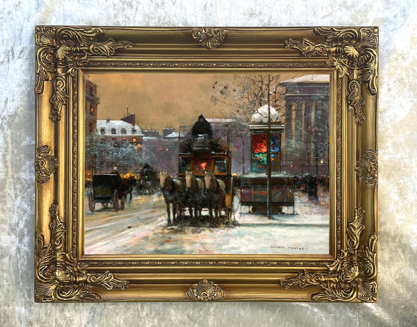 Fine Oleograph on Canvas of Place de la Madeleine in Winter aft. Eduoard Cortes