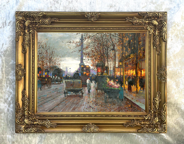 Exquisite Oleograph on Canvas of the Place de la République in Paris at Twilight