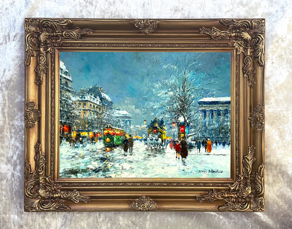 Beautiful  Lithograph on Canvas of a busy Parisian Wintry Street at Twilight
