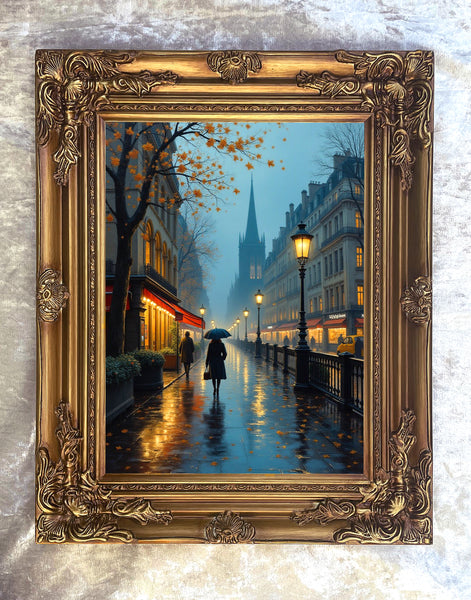 Exquisite Lithograph on Canvas of a Parisian Rainy Autumn Twilight Scene