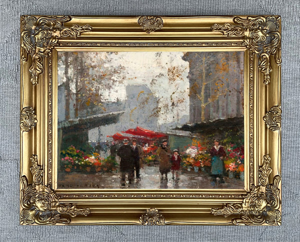 Stunning Oleograph on Canvas of a Parisian Market Scene aft. Eduoard Cortes