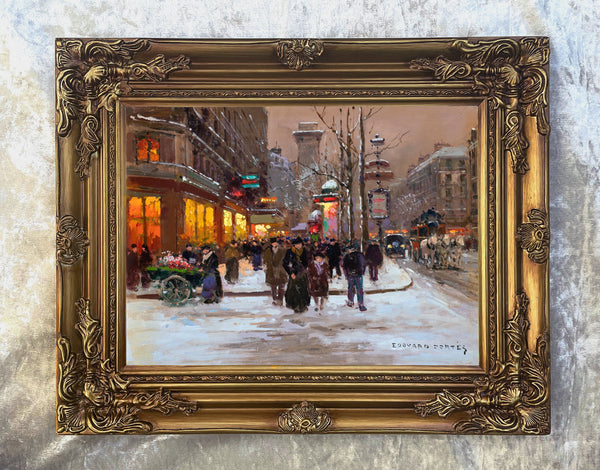 Fine Oleograph on Canvas of Porte Saint Denis in Snow aft. Eduoard Cortes