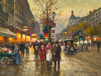 Fine Oleograph on Canvas of a Busy Parisian Twilight Street Scene aft. Eduoard Cortes