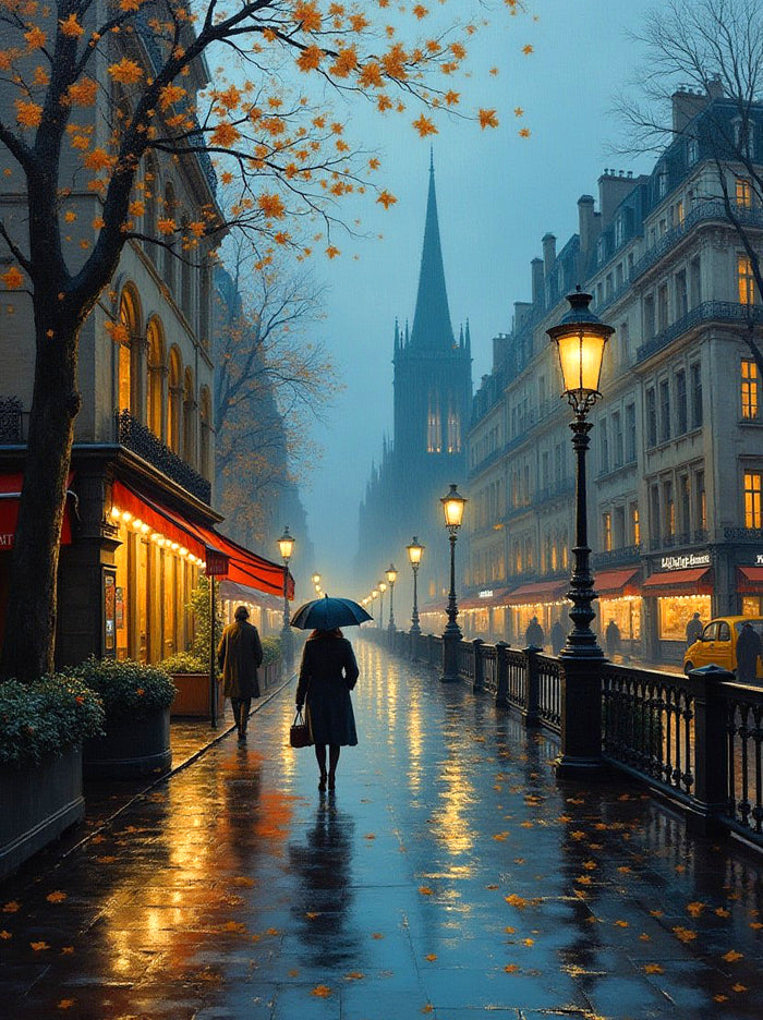 Exquisite Lithograph on Canvas of a Parisian Rainy Autumn Twilight Scene