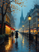 Exquisite Lithograph on Canvas of a Parisian Rainy Autumn Twilight Scene