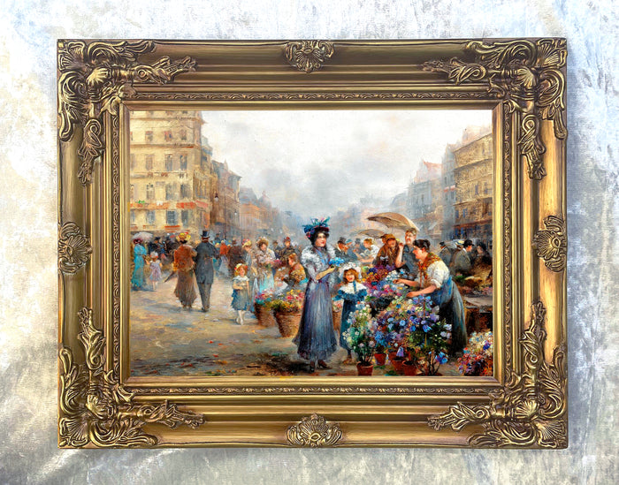 Stunning Oleograph on Canvas - A Flower Market in Paris
