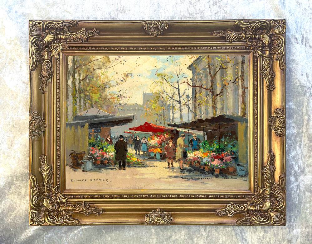 Stunning Oleograph on Canvas of a Parisian Flower Market aft. Eduoard Cortes