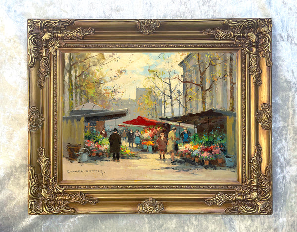 Stunning Oleograph on Canvas of a Parisian Flower Market aft. Eduoard Cortes