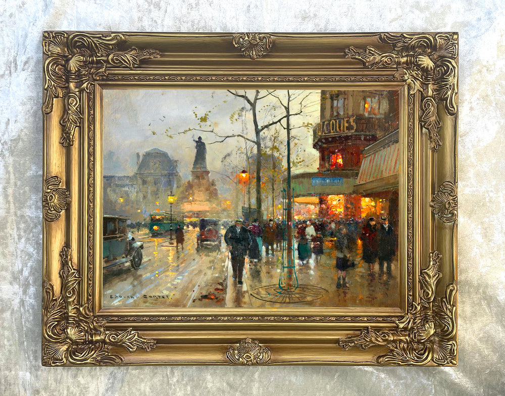 Stunning Oleograph on Canvas of a Parisian Twilight Scene aft. Eduoard Cortes