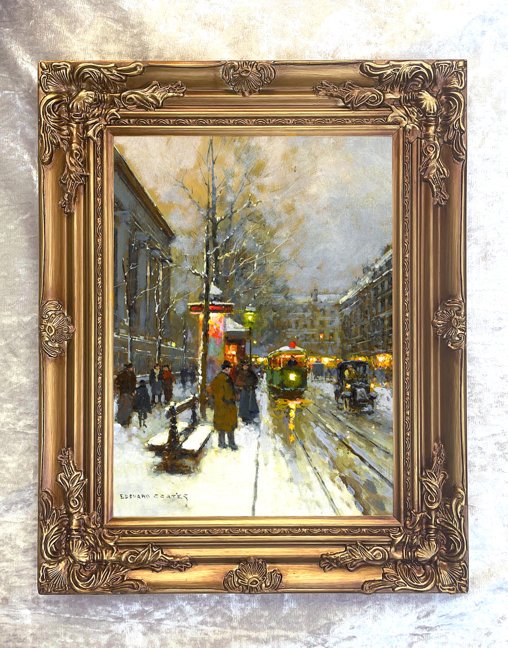 Fine Oleograph on Canvas of a Parisian Twilight Wintry Scene aft. Eduoard Cortes