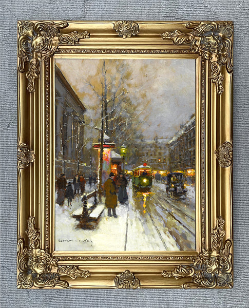 Fine Oleograph on Canvas of a Parisian Twilight Wintry Scene aft. Eduoard Cortes