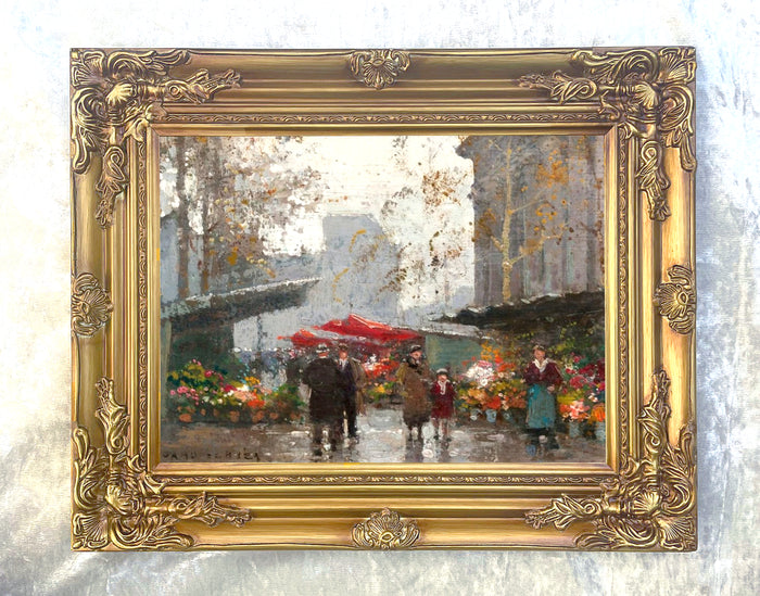 Stunning Oleograph on Canvas of a Parisian Market Scene aft. Eduoard Cortes