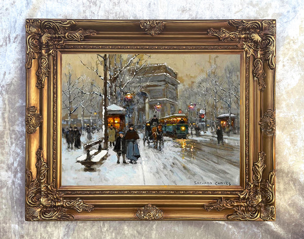 Stunning Lithograph on Canvas of a Parisian Wintry Twilight Scene aft. Eduoard Cortes