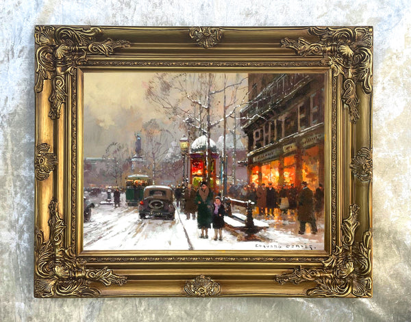 Stunning Oleograph on Canvas of Paris in the Snow aft. Eduoard Cortes