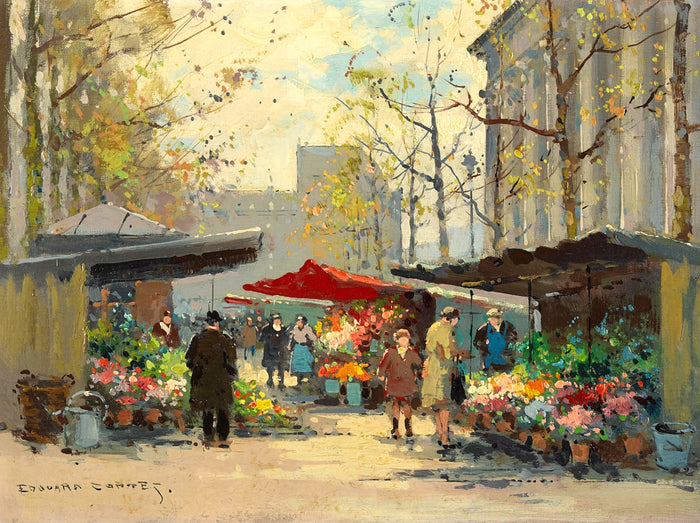 Stunning Oleograph on Canvas of a Parisian Flower Market aft. Eduoard Cortes