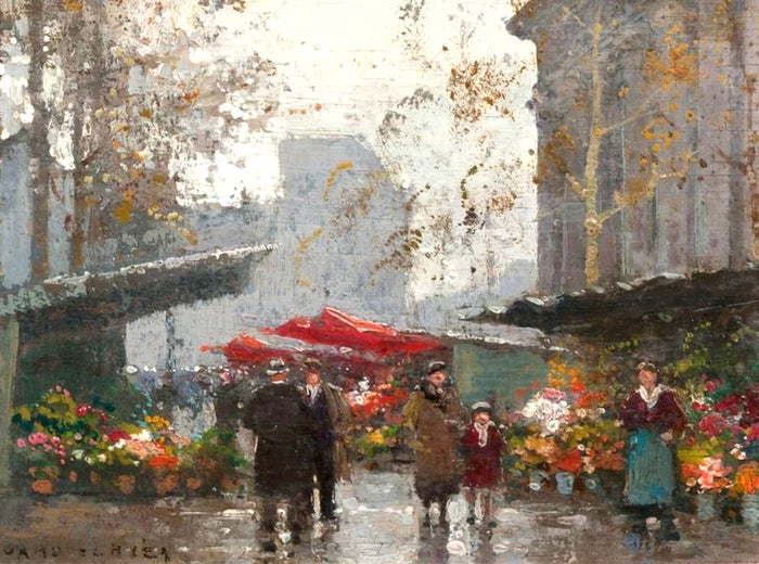 Stunning Oleograph on Canvas of a Parisian Market Scene aft. Eduoard Cortes