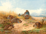 Fine Large Oleograph on Canvas of a Partridges in a Moorland Landscape