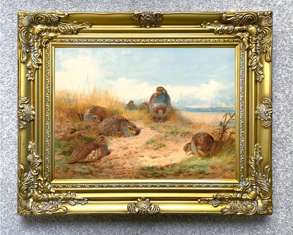 Fine Large Oleograph on Canvas of a Partridges in a Moorland Landscape