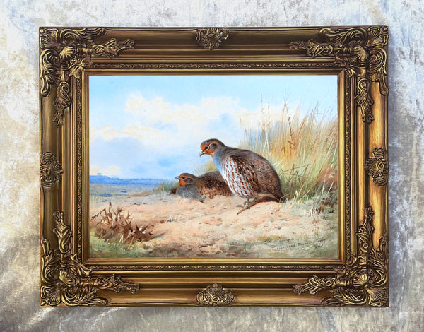 Fine Large Oleograph on Canvas of a Grey Partridge in a Moorland Landscape