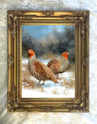 Beautiful Lithograph on Canvas of a Partridges in a Snowy Rural Landscape