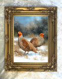 Beautiful Lithograph on Canvas of a Partridges in a Snowy Rural Landscape