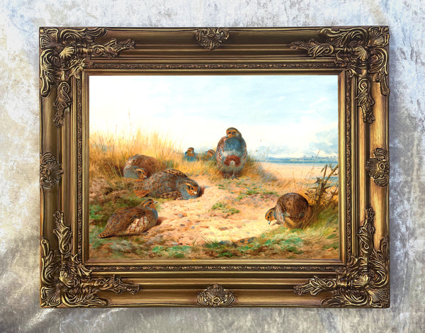Fine Large Oleograph on Canvas of a Partridges in a Moorland Landscape