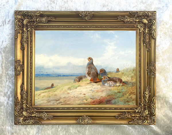 Fine Oleograph on Canvas of a Red Partridges in an extensive Landscape