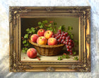 Beautiful Oleograph on Canvas Still Life of Peaches & Grapes in a Wicker Basket