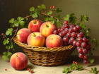 Beautiful Oleograph on Canvas Still Life of Peaches & Grapes in a Wicker Basket
