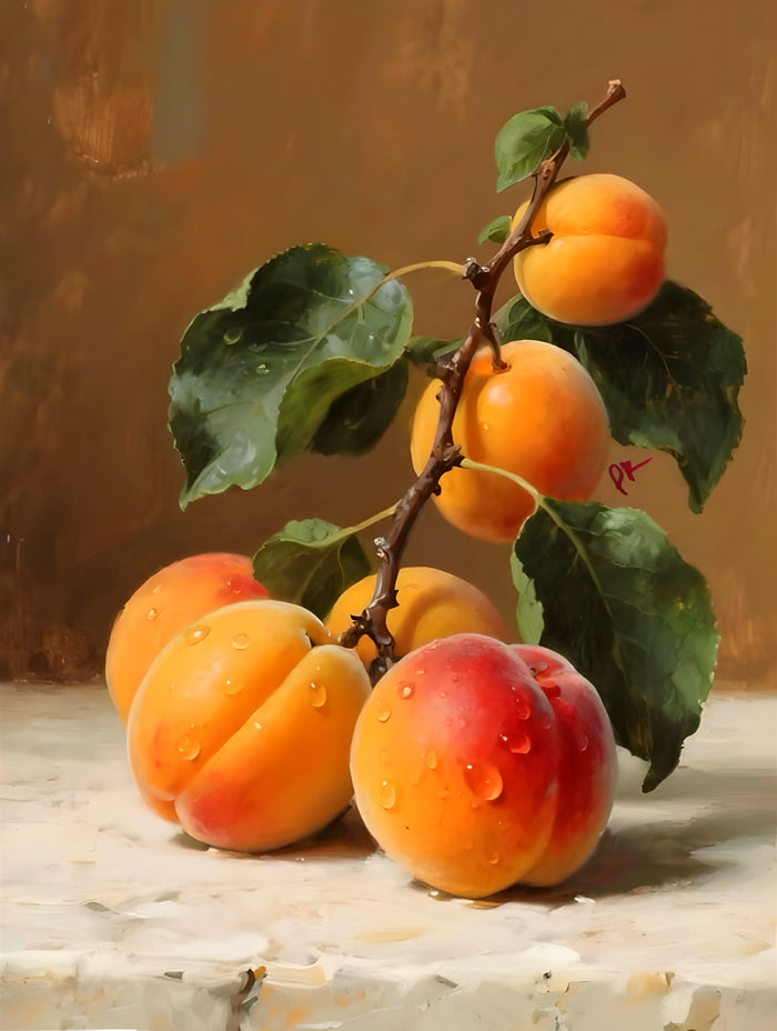 Beautiful Oleograph on Canvas Still Life of Peaches on a Marble Ledge
