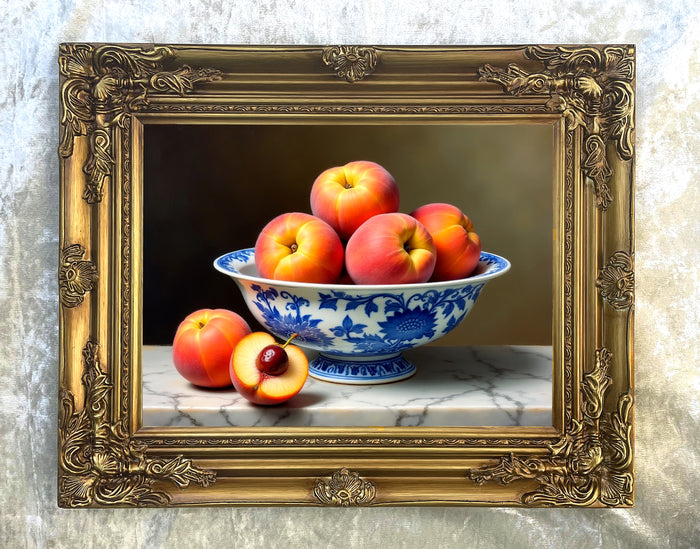 Beautiful Oleograph on Canvas Still Life of Peaches in a Chinese Bowl