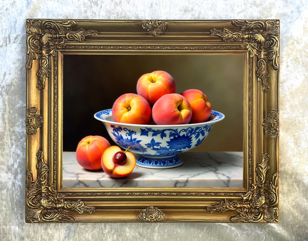 Beautiful Oleograph on Canvas Still Life of Peaches in a Chinese Bowl