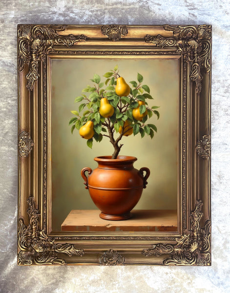 Exquisite Oleograph on Canvas Still Life of a Pear Tree in a Roman Urn