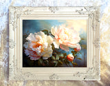 Exquisite Oleograph on Canvas Still Life of Peach & White Peonies