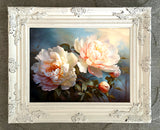 Exquisite Oleograph on Canvas Still Life of Peach & White Peonies