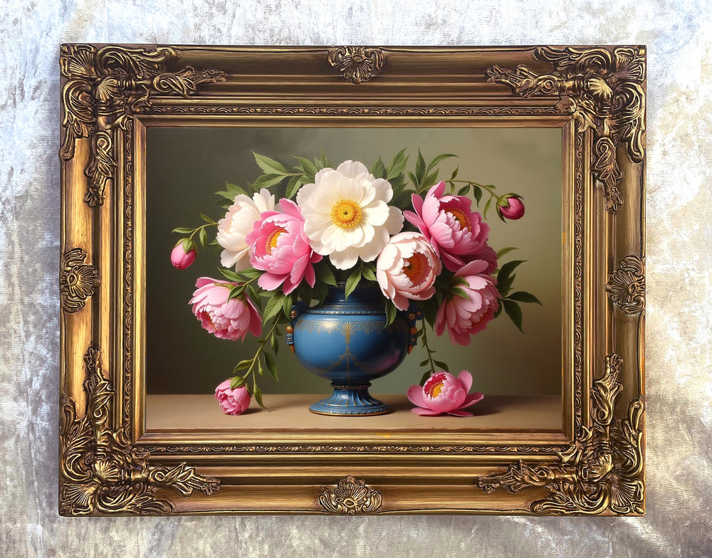 Fine Oleograph on Canvas Still Life of Peonies in a Blue Wedgewood Urn
