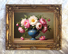 Fine Oleograph on Canvas Still Life of Peonies in a Blue Wedgewood Urn