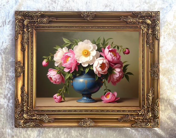 Fine Oleograph on Canvas Still Life of Peonies in a Blue Wedgewood Urn