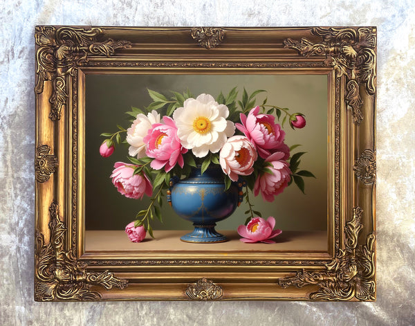 Fine Oleograph on Canvas Still Life of Peonies in a Blue Wedgewood Urn