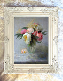 Delightful Oleograph on Canvas Still Life of Pink & White Peonies in a Glass Vase
