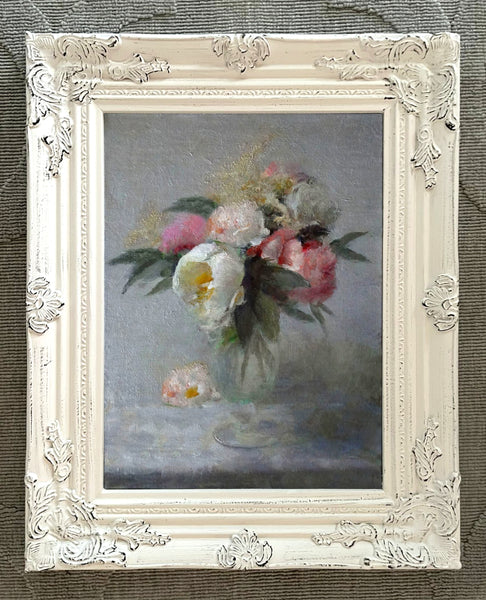 Delightful Oleograph on Canvas Still Life of Pink & White Peonies in a Glass Vase