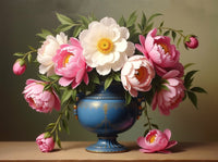 Fine Oleograph on Canvas Still Life of Peonies in a Blue Wedgewood Urn